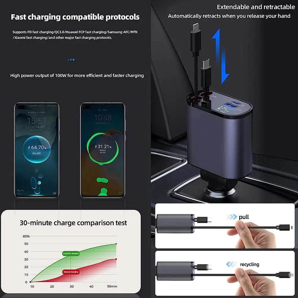 4 in 1 Retractable Car Fast Charger