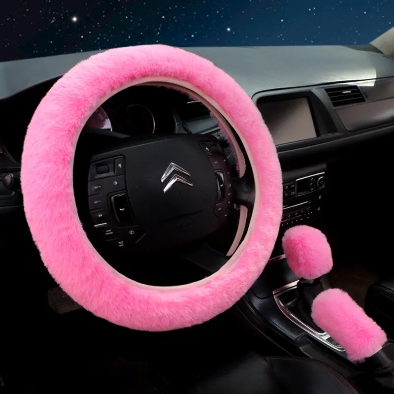 3PCS Set Soft Furry Car Steering Wheel Accessories